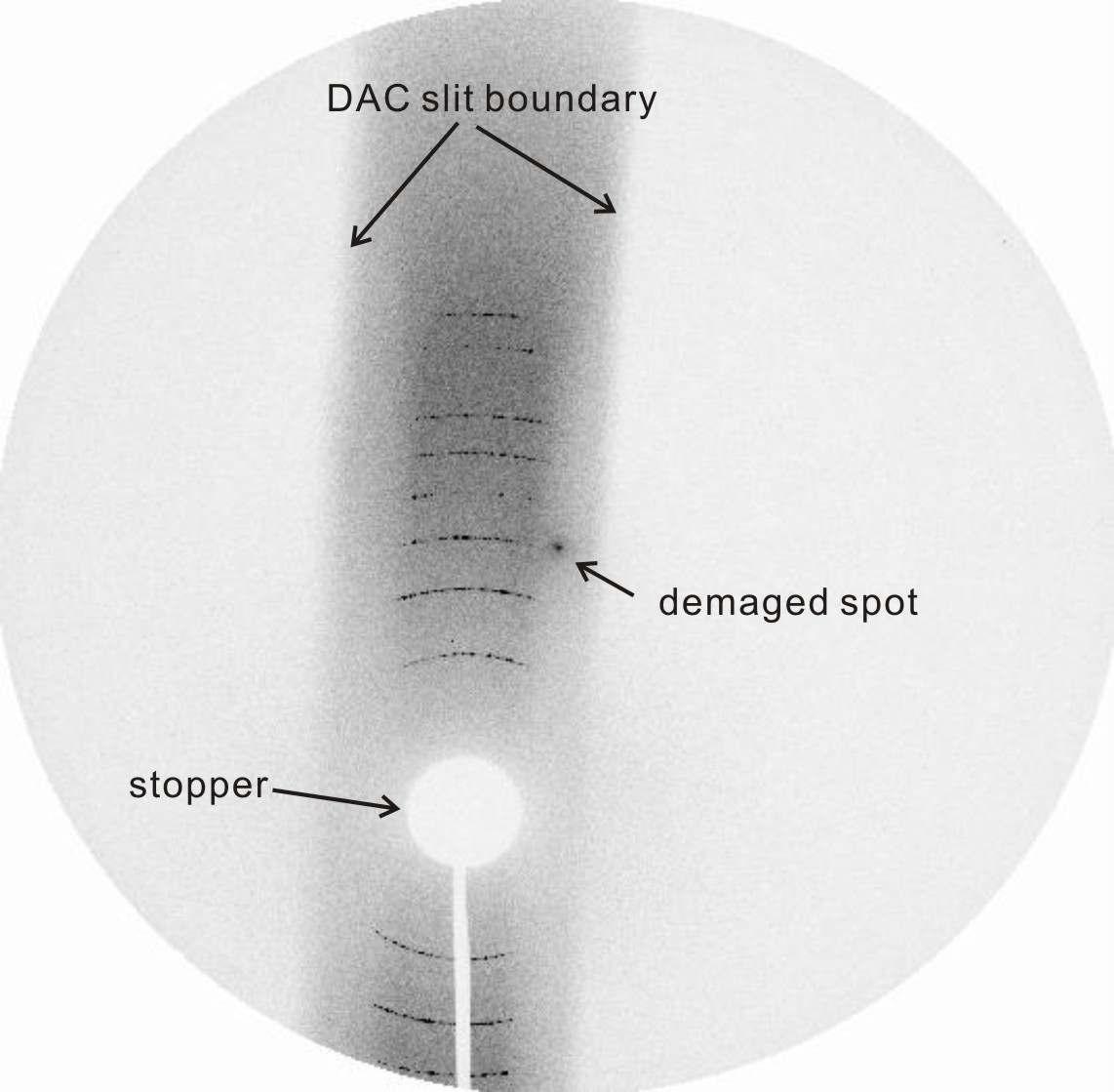 X-ray diffraction pattern of LaB6 on the image plate (dimension: 3450 × 3450 pixels).