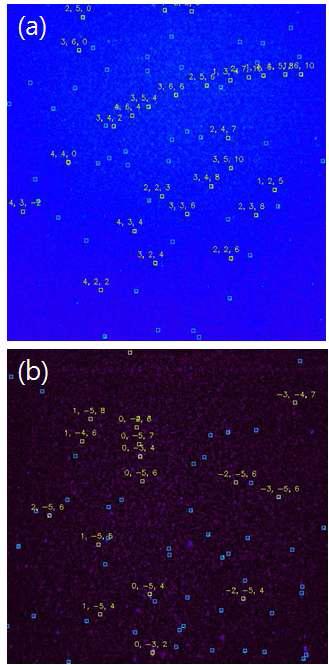 Phase indexing (5-11) image of x-ray micro-diffraction. Ilmenite (a) and Perovskite (b).