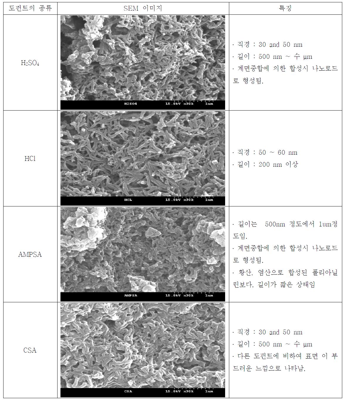 도펀트 종류별 감지물질의 SEM 이미지와 특징