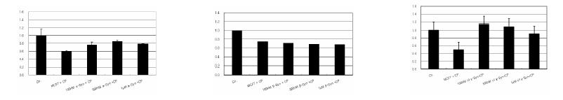 Cisplatin으로 유도된 MCF7 세포사에 미치는 α-synuclein(왼쪽), β-synuclein(가운데), γ-synuclein(오른쪽)의 영향