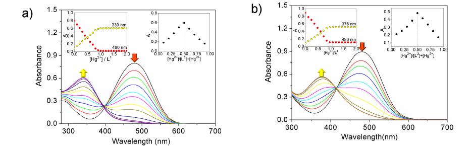 Hg2+염(5.0 equiv) 존재하에서 (a) L1와 (b) L2 (40μM)의 UV/vis 그래프.