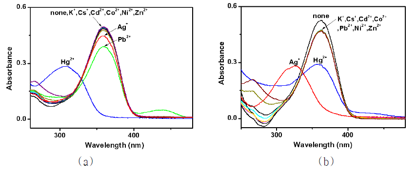 (a) 아세토니트릴 및 (b) 에탄올에서 금속의 과염소산 염 (5당량) 존재 하의 L (30 μM)의 UV/vis 스펙트럼.
