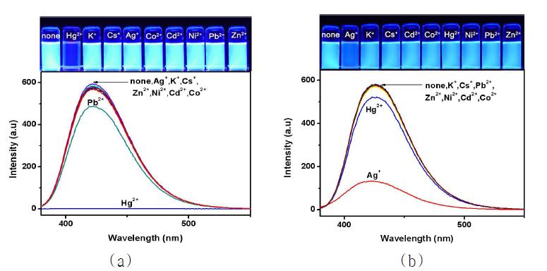 (a) 아세토니트릴 및(b) 에탄올에서 L (3 μM)에 과염소산 금속염(10당량)을 가하여 얻은 형광 스펙트럼.