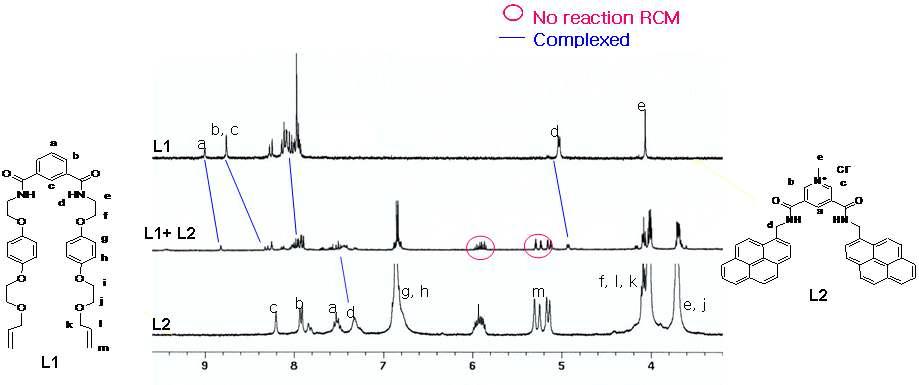 CD3CN 용매에서 (298 K) L1, L2 및 L1+L2 의 1H NMR 스펙트럼.