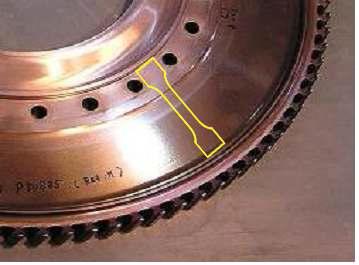 Orientation of the tension and fatigue specimen machined from the Waspaloy compressor disk