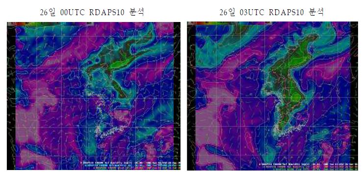 지상 상대습도와 850hPa 바람