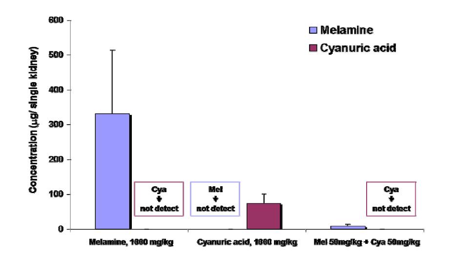 Kidney distribution of melamine and cyanuric acid in male SD rats following the 14-day repeated oral exposure.