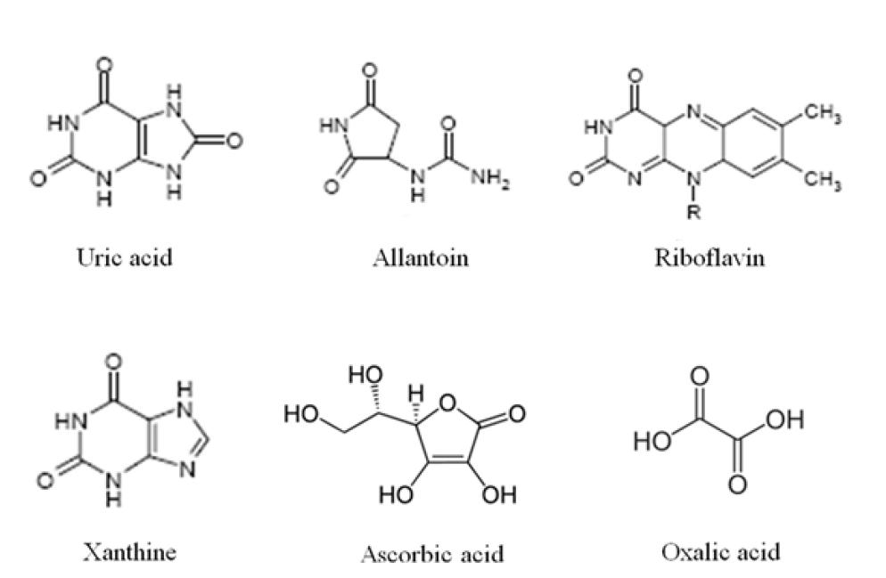 Chemical structures of putative or known substances used to react with melamine in this study.