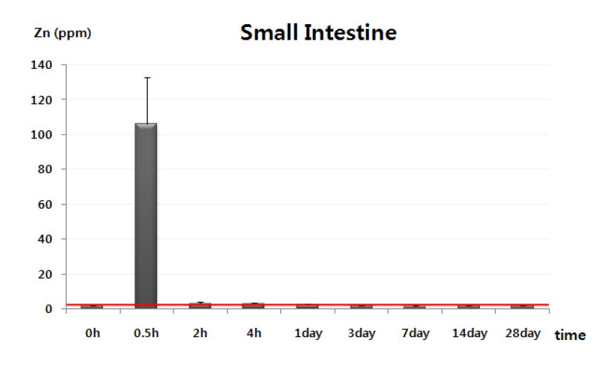 Zn nanoparticle analysis in small intestine of male mice following oral administration of 200 mg/kg of ZnO using ICP-AES method within 0 hour - 28 day.