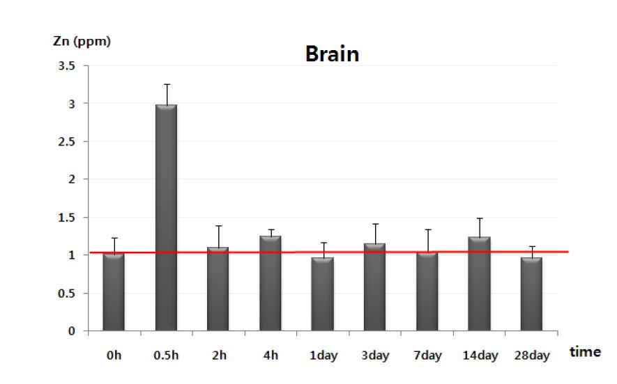 Zn nanoparticle analysis in thymus of male mice following oral administration of 200 mg/kg of ZnO using ICP-AES method within 0 hour - 28 day. Data are expressed as mean ± SD