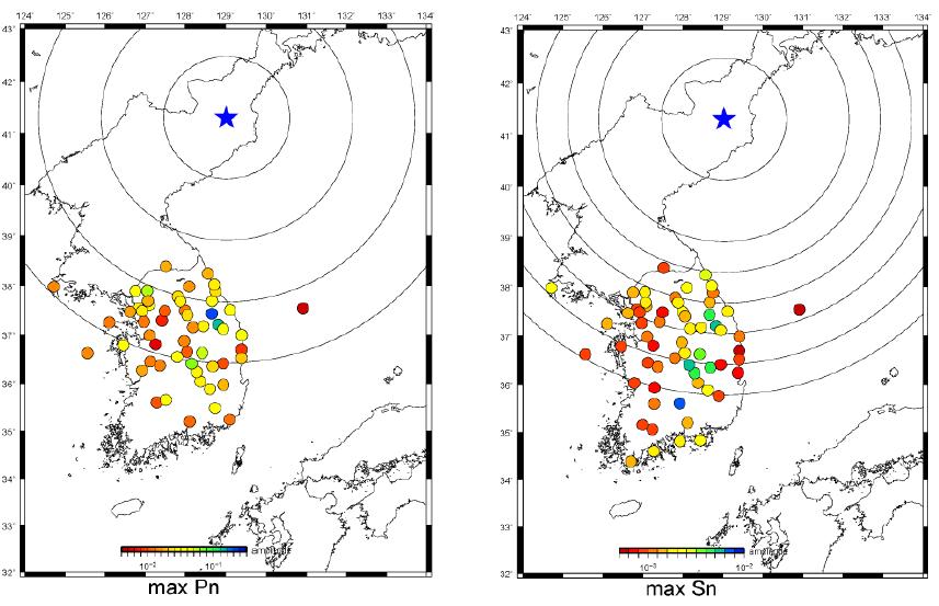 거리보정을 적용한 Pn과 Sn의 최대 진폭, 전체적으로 Pn의 진폭이큰 관측소가 Sn 진폭 또한 크게 나타난다.