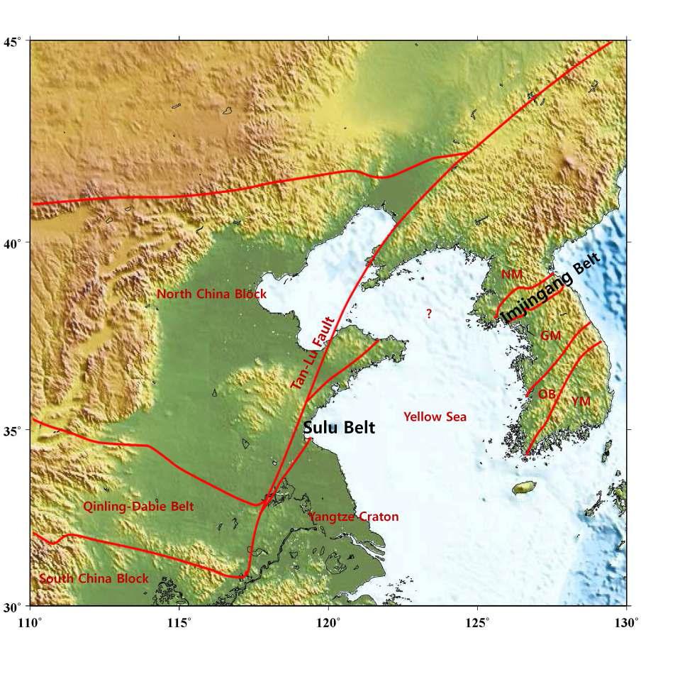 한반도 및 주변 지역의 지체구조도(modified from Min and Cho.,1998; Chough et al., 2000). NM, Nangrim massif; GM, Gyeonggi massif; YM, Yeongnam massif; OB, Ogcheon belt.