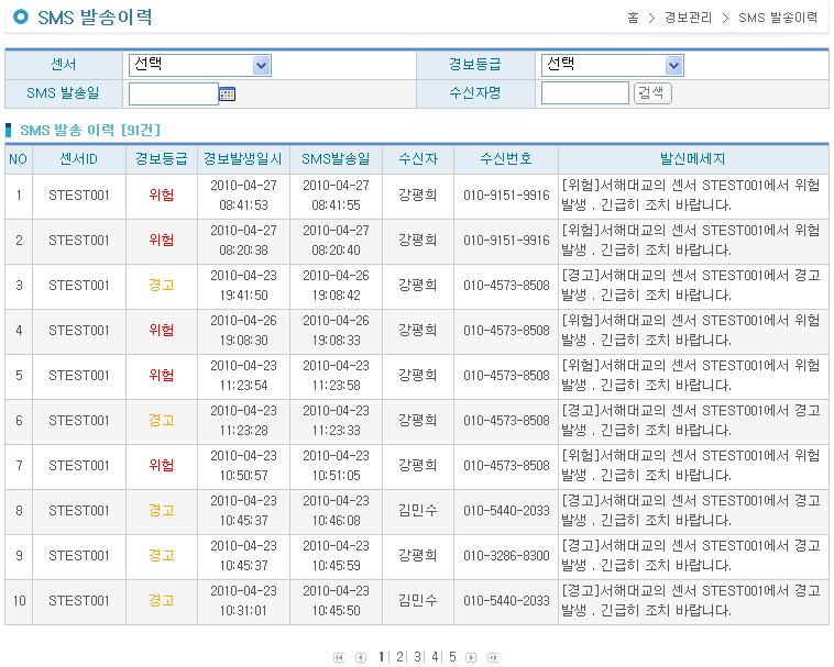 SM S통 보 자 리 스 트 화 면