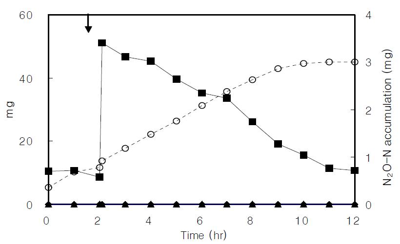 100 mg/L NO2--N concentration profiles of the denitrification batch reactor