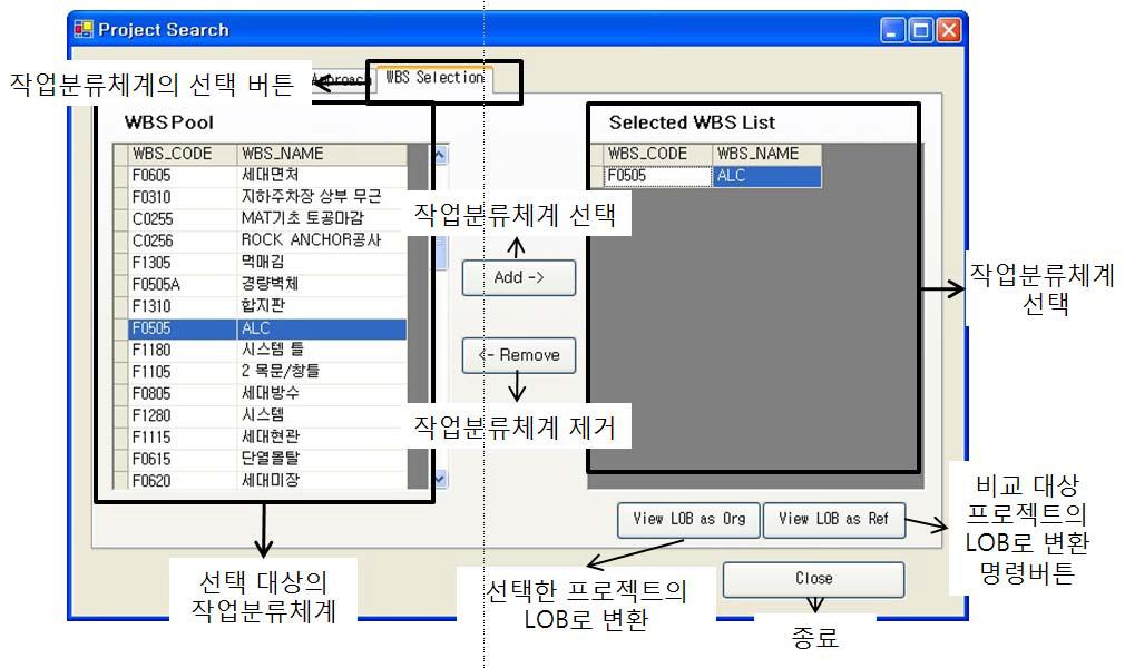 비네트워크 공정표에서 작업분류체계 대체를 위한 작업분류체계 선택 화면