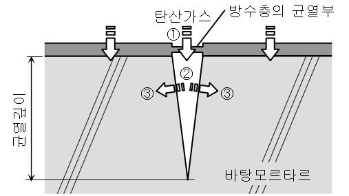 균열부의 방수층에 있어 탄산화 진행 모식도