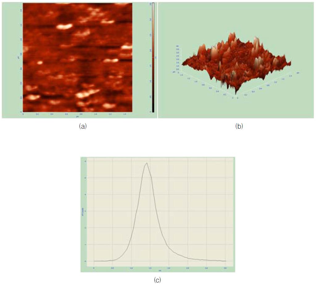 HfO2 박막의 AFM 분석 결과 (Scanning Area: 1.5micron*1.5micron)(a) 2D Morphology, (b) 3D Morphology, and (c) statistical distribution of the peak