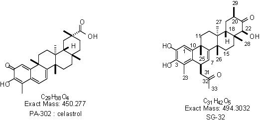 Celastrol 과 SG-32 의 화학 구조. 분리한 두 물질은 NMR 과정을 거쳐 화학식 및 구조를 결정함.