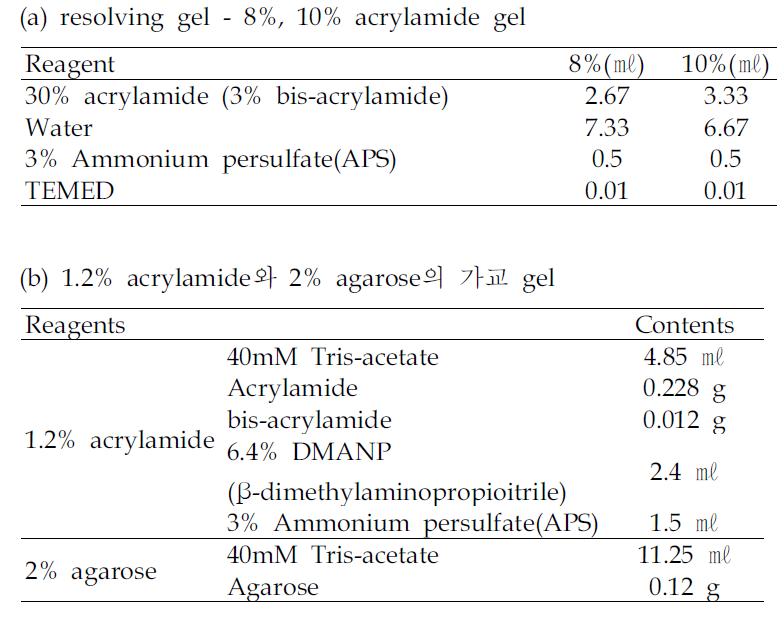 1. 8%, 10% acrylamide gel과 1.2% acrylamide와 2% agarose gel 조성(a) resolving gel - 8%, 10% acrylamide gel