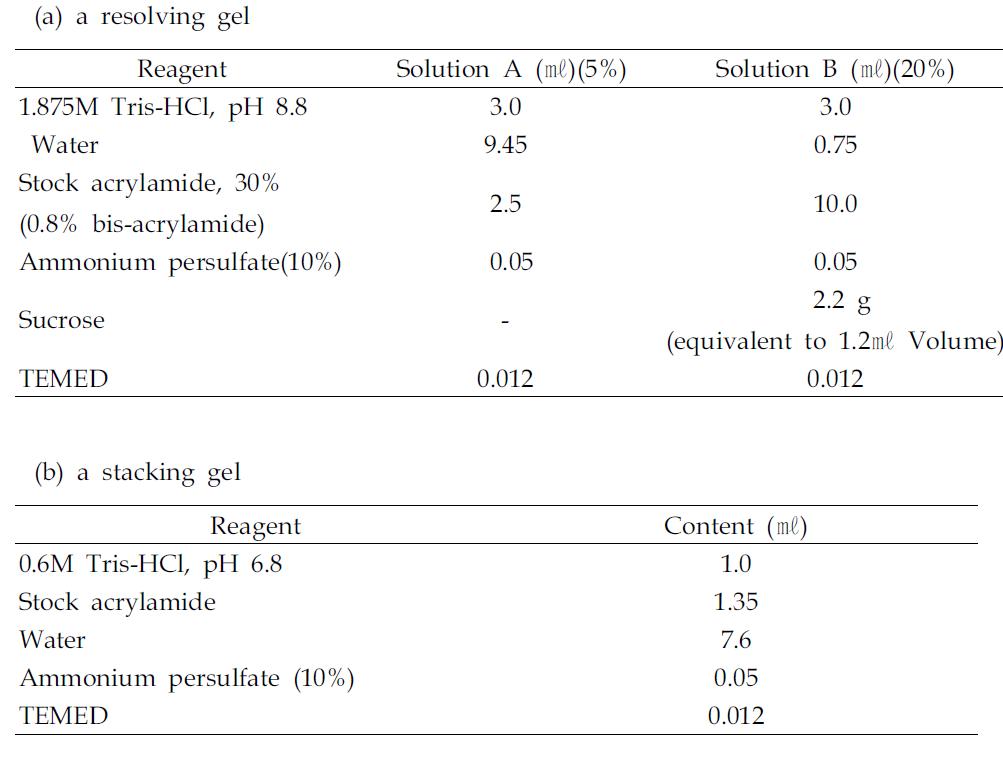 5~20% linear gradient polyacrylamide gel 조성