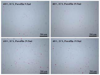 다양한 파라핀 오일의 양 및 키토산의 농도 조건에서 Mechanical stirrer를 이용한 Emulsion-droplet coalescence 방법으로 제조된 키토산 입자 크기 비교.