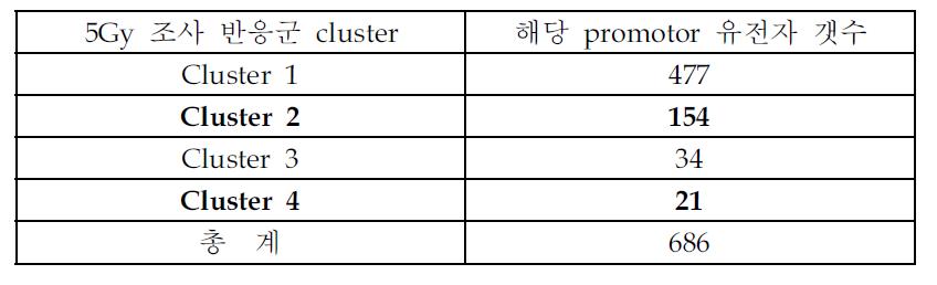 5Gy 방사선 조사 반응에 따른 cluster 1, 2, 3, 4에 속하는 promotor 상 CPG_ISLAND의 methylation 변화 유전자 갯수