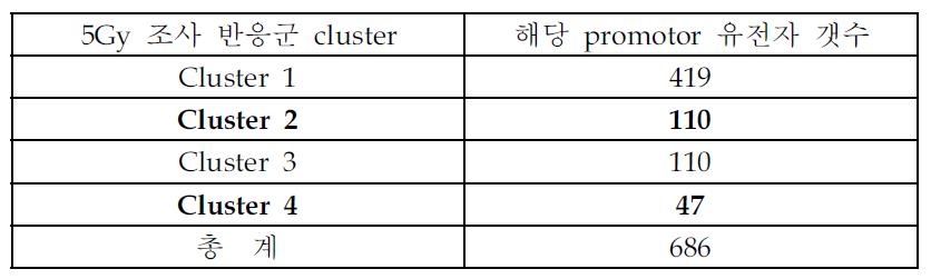 방사선 조사 후 4시간 때의 반응에 따른 cluster 1, 2, 3, 4에 속하는 promotor 상 CPG_ISLAND의 methylation 변화 유전자 갯수