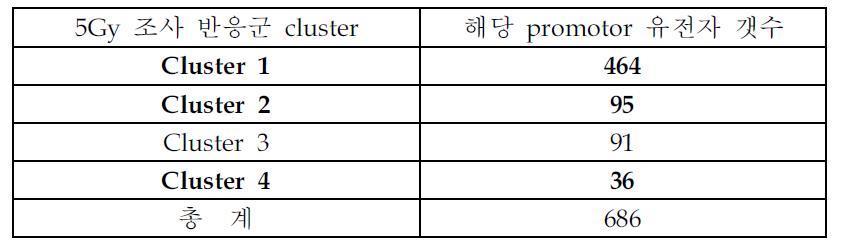 방사선 조사 후 48시간 때의 반응에 따른 cluster 1, 2, 3, 4에 속하는 promotor 상 CPG_ISLAND의 methylation 변화 유전자 개수