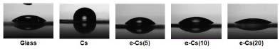 Air plasma 처리 한 후 chitosan 표면에서의 물에 대한 젖음성 비교. 접촉각 측정: by DGD Fast/60 contact angle meter (제조회사: GBX new technologies development)