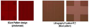 Patterned photomask와 silicon wafer images. (a) pattered photomask (b) patterned silicon wafer(×400)