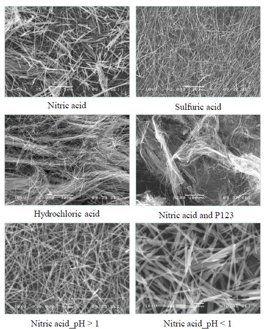 SEM images of V2O5 prepared by hydrothermal method with different acids added to keep the pH values during the process.