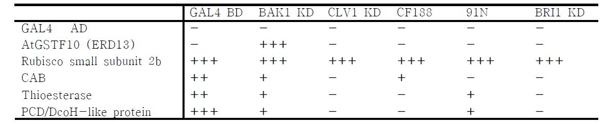 Specificity test for putative BAK1 interacting proteins from yeast two-hybrid assay