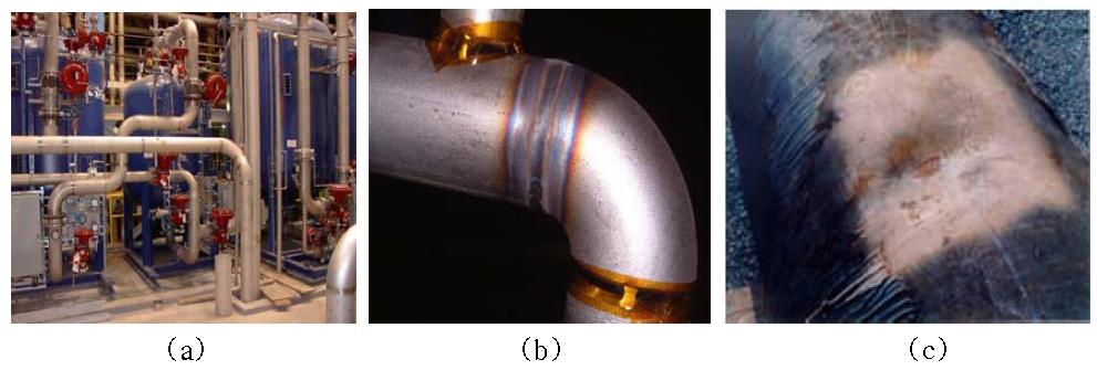 원전 내부의 파이프 구조물 (a) 원전 시설내의 파이프라인 배열, (b) 파이프 구조물의 용접부 형상, (c) 부식으로 인한 손상 형태.