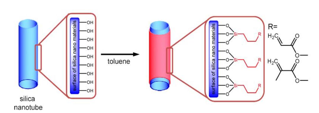 실리카 나노튜브의 표면 기능화를 위한 2종의 작용기 도입 방법.