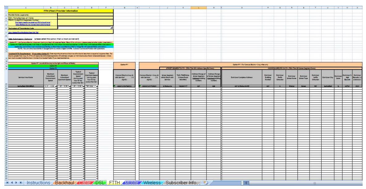 Connected Nation의 Provider Information 입력 폼(FTTH)