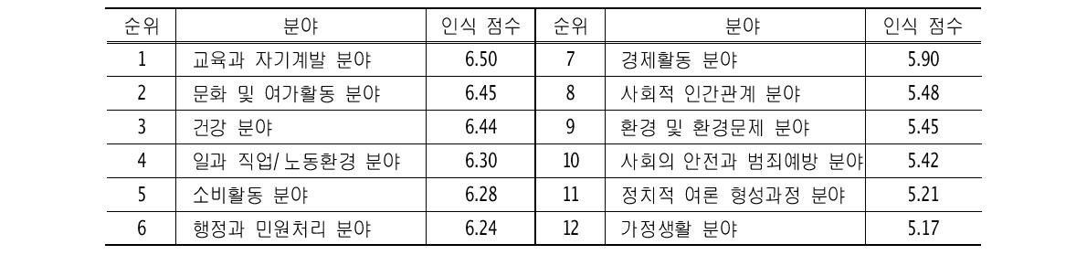 사회 분야별 정보화 영향력 인식 점수