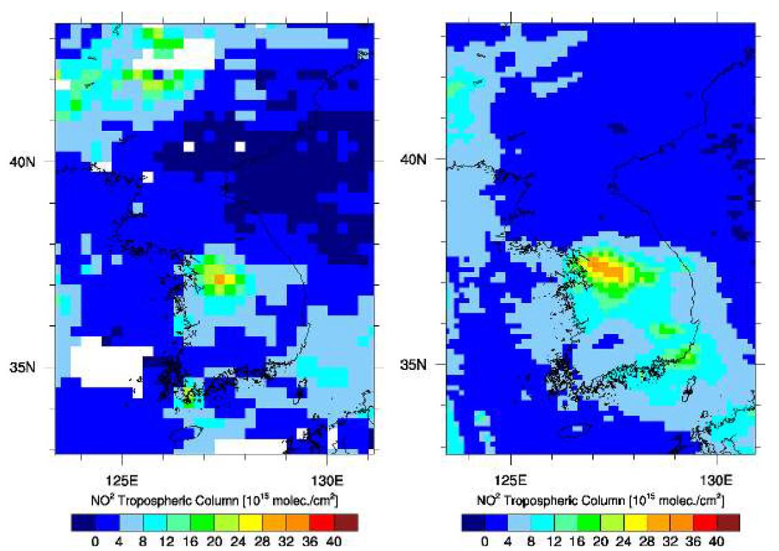 2006년 1월, SCIAMACHY (관측시간:10:00) 및 OMI (관측시간 13:45)으로부터 산출된 한반도 지역 NO2 층적분 농도.