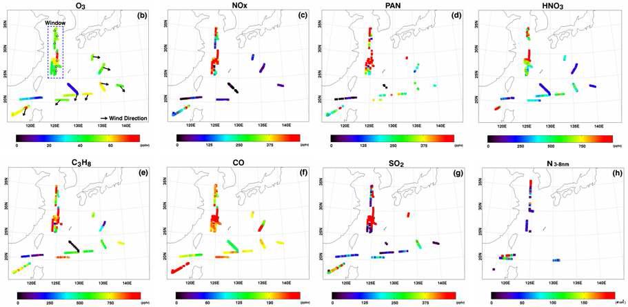 원거리 해양경계층(MBL)에서 TRACE-P에 의해 관측된 공기기단(air mass)의 오염물질별 공간적 농도분포