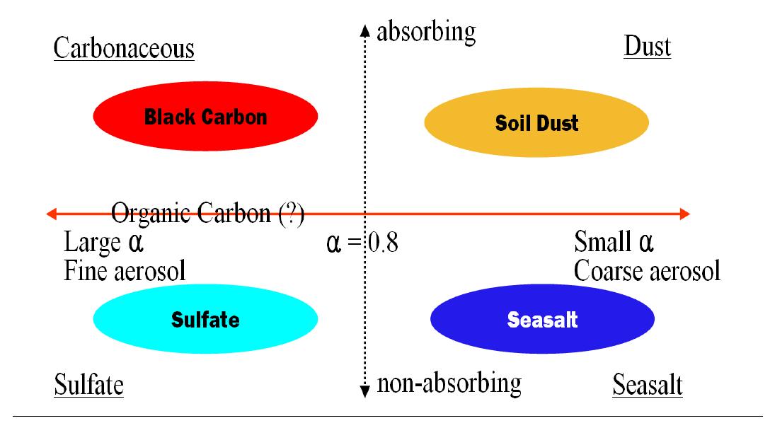 Aerosol classification into four types according to size and radiativeabsorption(cf. Higurashi and Nakajima, 2002; Kim et al., 2007).