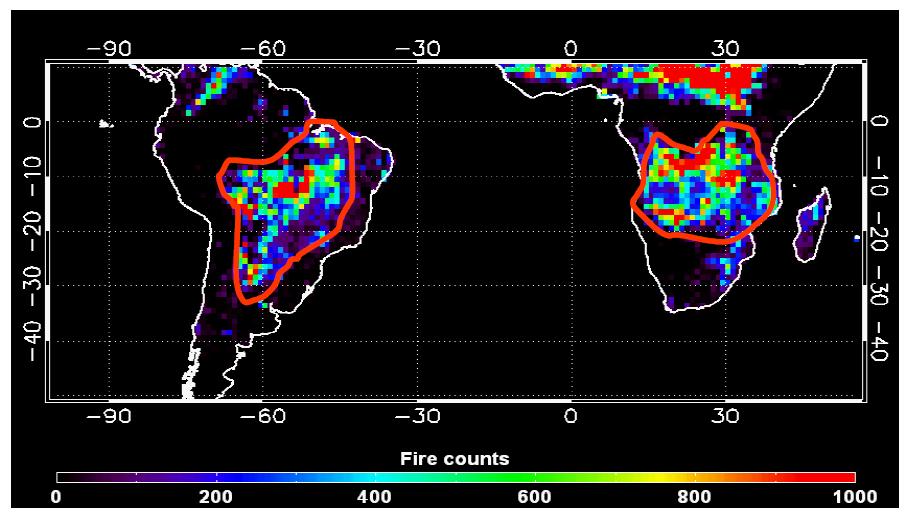 Terra/MODIS total fire counts in Africa and South America in 2004.