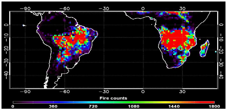 Terra/MODIS total fire counts for Southern Hemisphere biomass burningseason (June-November) from 2004 to 2007.