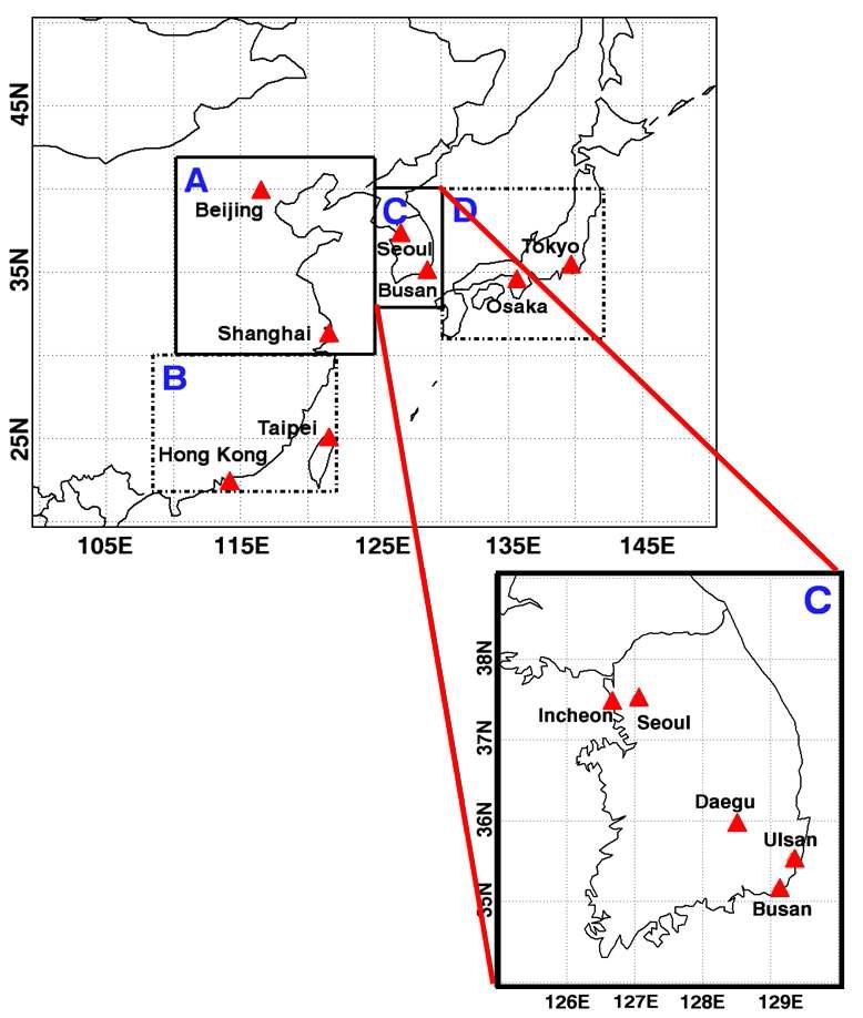 본 연구에 적용된 도메인 및 지역 비교를 위한 지역 구분 (중국 북부 (A), 중국남부 (B), 남한 (C), 일본 (D)).