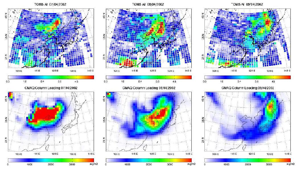 동아시아 지역 황산 기간 중 (2002년 4월 7일 - 9일) TOMS AI의 시공간적분포 (상단) 및 CMAQ으로부터 산출된 에어로솔 층적분 농도 (하단).