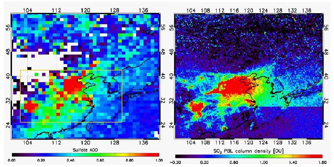 Annual average of sulfate aerosol optical depth (left) SO2 PBL columndensity (right) in East Asia in 2006.