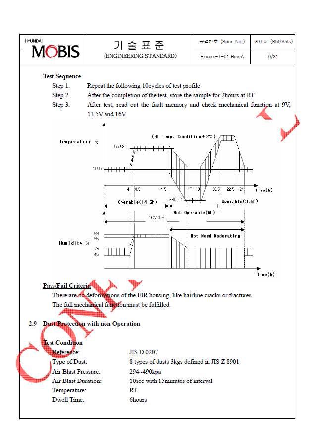 현대모비스 기술표준 Qualification Requirements and Test Procedure for Navigation System with EIR (Event Image Recorder) on After Market의 일부