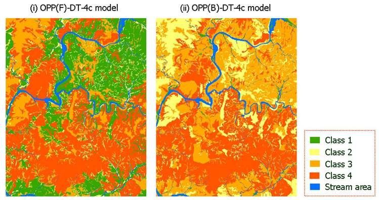 최적화 모델로 선택된 토양 생태 수치의 예측된 지도