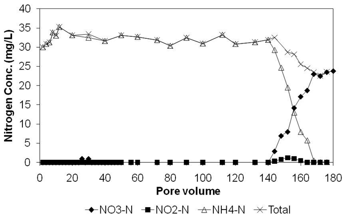 그림 114. 합성 나노가철 충진컬럼 내 질산성질소 및 분해부산물