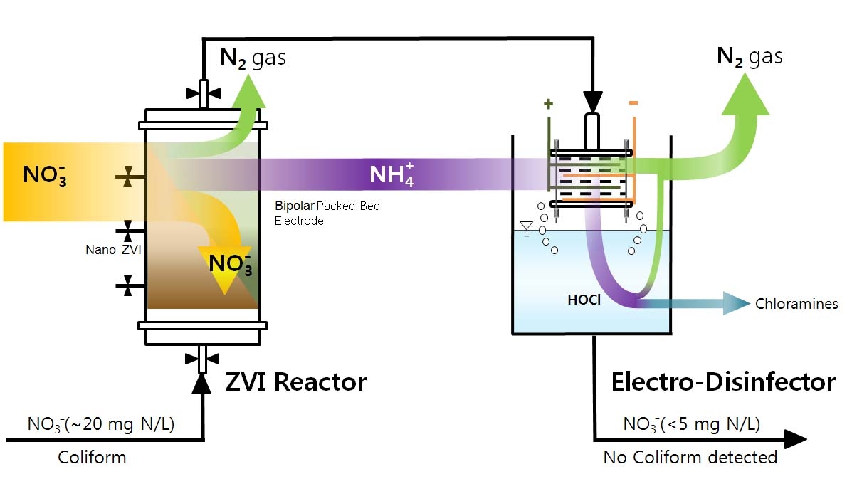 그림 1. 질산성 질소와 대장균 동시 제거를 위한 영가철 반응기 및 전기분해 소독 조합장치 개요도