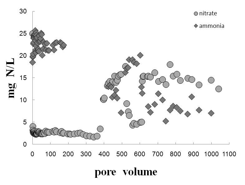 그림 14. Pore 부피에 따른 질산성질소와 암모니아성질소 농도의 변화