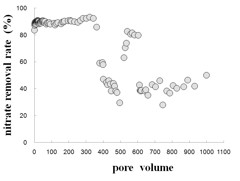 그림 15. Pore 부피에 따른 질산성질소 제거율의 변화